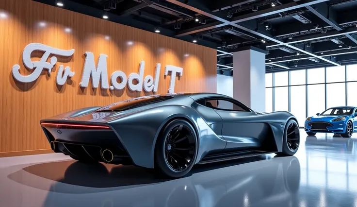 stunning 3D render of a futuristic 2025  displayed in a sleek, modern showroom.The Ford Model T Review  back left view showcases its sleek lines, innovative design, and a sense of speed. The Gray color  of the  contrasts beautifully with the wood back wall...