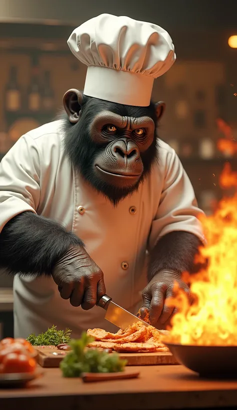 "A humanoid gorilla chef wearing a pristine white chef’s uniform and a towering hat, standing in a high-energy gourmet kitchen. His strong yet graceful hands juggle flaming pans and expertly chop ingredients at super speed. His expression is both intense a...