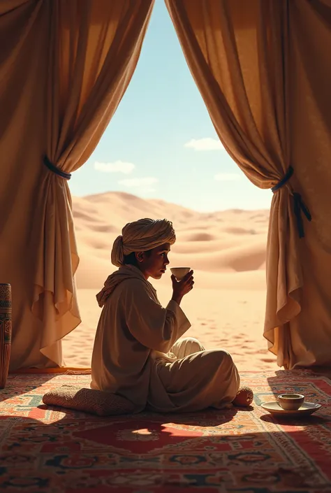 
A picture of a young Sahraoui in the Moroccan desert and tea in the tent