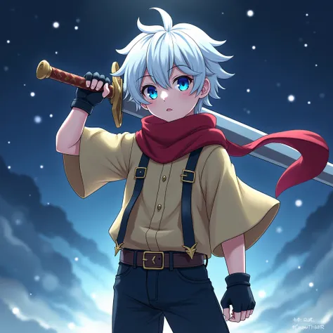 The white-haired boy,  blue eyes , black fingerless gloves, cinto merron,  Red scarf, black pants, Light yellow blouse, Use a sword, Is there a star light how beautiful one 