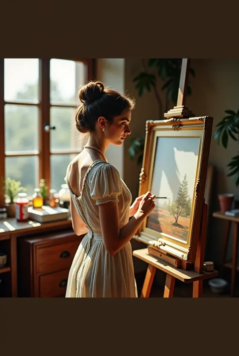 une jeune femme vêtue des années 1900, debout devant un chevalet de peinture, peint, dans un atelier des années 1900 .