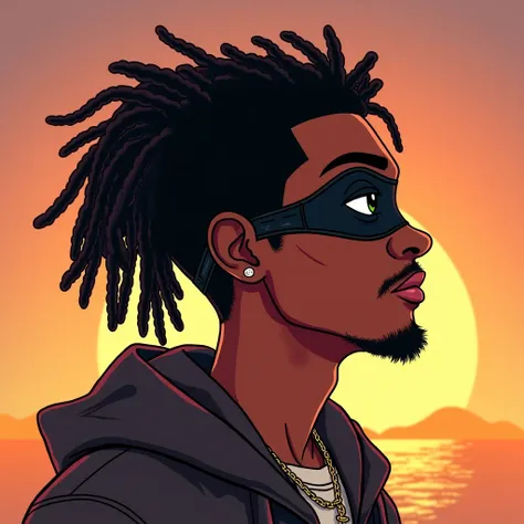 I want a cartoon cover art of male with:

1. Black Turtle mask on his face (not a nose mask) – like that of Osimhen's mask


2. Forehead-length black dreadlocks


3. Song title: "Baby Yo"


4. Artist name: "Tovanni"


5. Romantic background