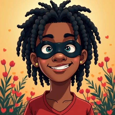 I want a cartoon cover art of male with:

1. Black Turtle mask on his face (not a nose mask) – like that of Osimhen's mask


2. Forehead-length black dreadlocks


3. Song title: "Baby Yo"


4. Artist name: "Tovanni"


5. Romantic background