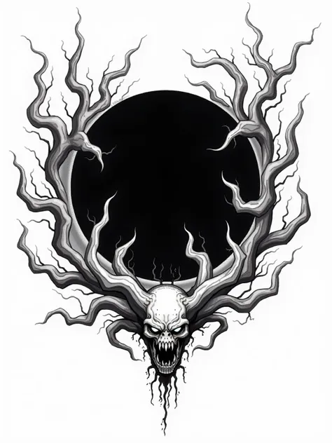 Dark demonic endless energy enveloping the black circle.Black and white tattoo sketch.