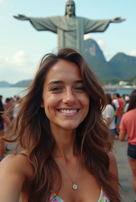 A Brazilian girl with brown hair taking a selfie naturally in front of Christ the Redeemer with a crowd close to her. 