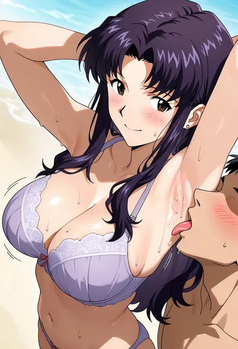 motion line、 Anime Coloring、katsuragi misato、 Neon Genesis Evangelion 、 Masterpiece、 high quality、 high image quality、 pretty finger、 detailed face、Misato Katsuragi, long hair, brown eyes, purple hair, parted bangs, sidelocks, mature female, nsfw、blush、 br...