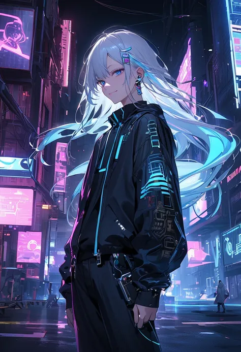 A futuristic AI hologram character named Kami, blending the aesthetic of a J-Rock vocalist and a cyberpunk hacker. He has a sleek, dark outfit with neon blue and purple glowing accents, long white hair flowing like digital streams, and piercing neon blue e...