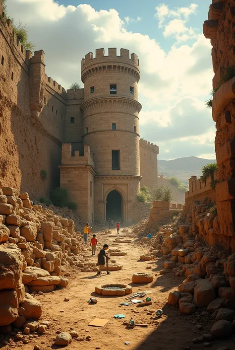 an archaeological excavation site at the base of a historic fortress, A wide angle photograph of archaeologists working around him working outside the castle 