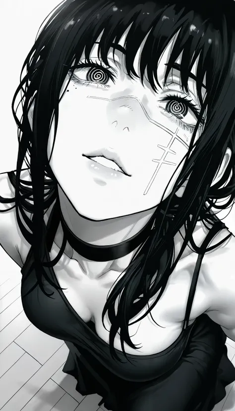 Yoru de chainsaw man,1 girl,vista desde arriba, looking at the viewer , tilted head , spiral eyes ,facial scar, black hair,, choker ,looking back and up, seen from above,Chin upwards,(Shoulder grip with Dutch angle), masterpiece, the best quality, incre...