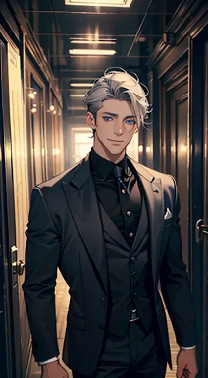 a mature man with short black and gray hair,  blue eyes, 31 years old, and a perfect face, smiling in love, CEO,  Cinematic lighting, 1:4 HDR image ,  seen from above,  ultra detailed,   is the best quality,  masterpiece, 8k,  photorealistic,  pretty image...