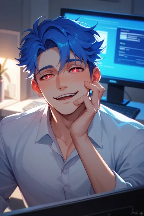 (1man) (male focus) (alone) charming yandere man with yandere blush, blue hair and glowing red eyes in dimly lit basement lab background with computer and lab lights flickering dimly.