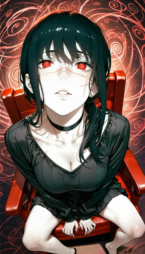 Yoru de chainsaw man,1 girl,vista desde arriba, looking at the viewer , tilted head , spiral eyes , red eyes on the background,facial scar on the background , black hair,, choker ,looking back and up, seen from above,Chin upwards,(Shoulder grip with Dutch ...