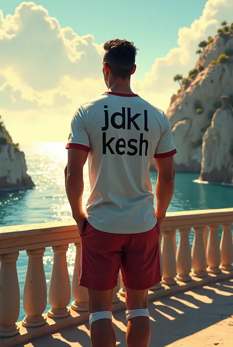  I want to create an image of Cristiano wearing a T-shirt that says (JDKL KESH ) et qui est debout sur un pont en regardant la mer.