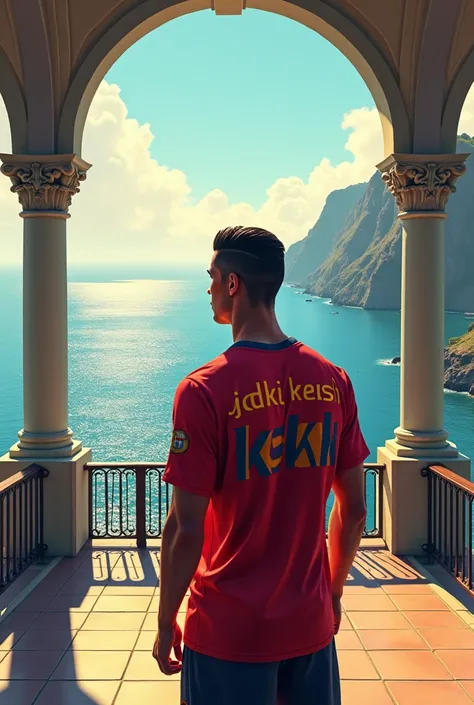  I want to create an image of Cristiano wearing a T-shirt that says (JDKL KESH ) et qui est debout sur un pont en regardant la mer.