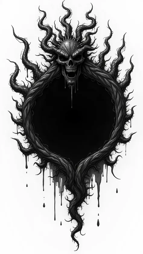 The dark demonic endless energy of demons enveloping the black circle.Black and white tattoo sketch.