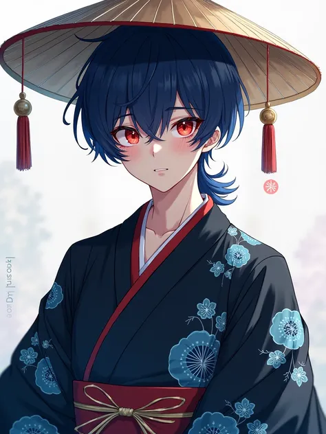 A 17-year-old red-eyed dark blue-haired boy wearing a light-skinned black-and-blue kimono and wearing a Japanese hat 