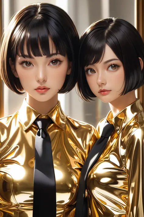   Mom and daughter  , buttoned in an extremely tight shiny golden latex blouse,   high resolution ,   masterpiece,   black hair ,  reflection ,  reflected light , Portrait, necktie, bob cut