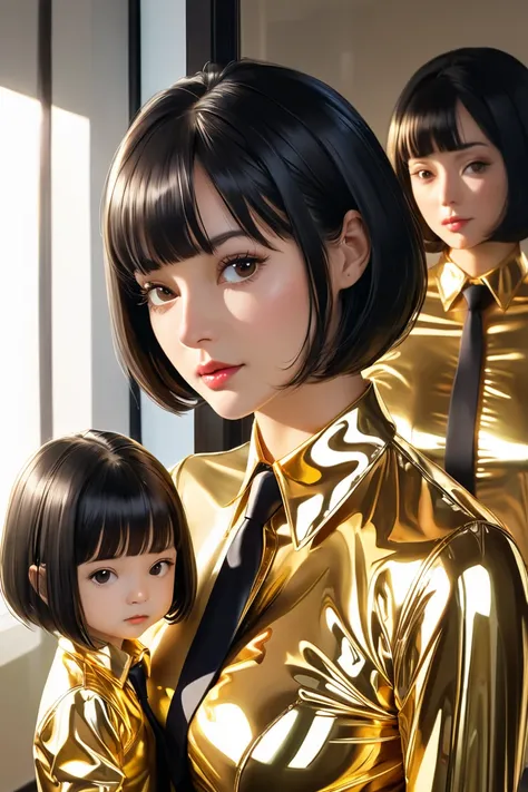   Mom and daughter  , buttoned in an extremely tight shiny golden latex blouse,   high resolution ,   masterpiece,   black hair ,  reflection ,  reflected light , Portrait, necktie, bob cut