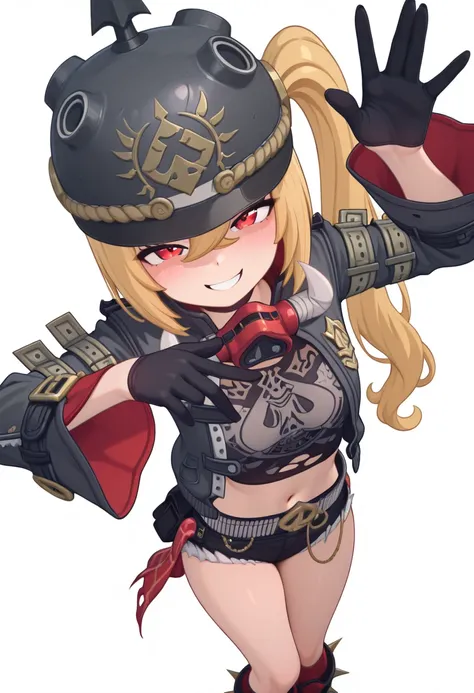 { top quality , masterpiece, high res, anatomically correct , Detailed Fingers , detailed hands ,Detailed legs, detail eyes:1.5}, {luxi, def-clothes of luxi, side ponytail, 1girl, solo, blonde hair, gloves, black gloves, boots, short shorts, helmet, navel,...