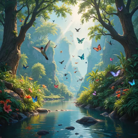 there are many birds flying over a stream in the jungle, a photorealistic painting inspired by mark keathley, trending on Artstation, sumatraism, hummingbirds, beautiful nature, beautiful jungle, realistic nature, magical jungle, butterflies and sunrays, a...