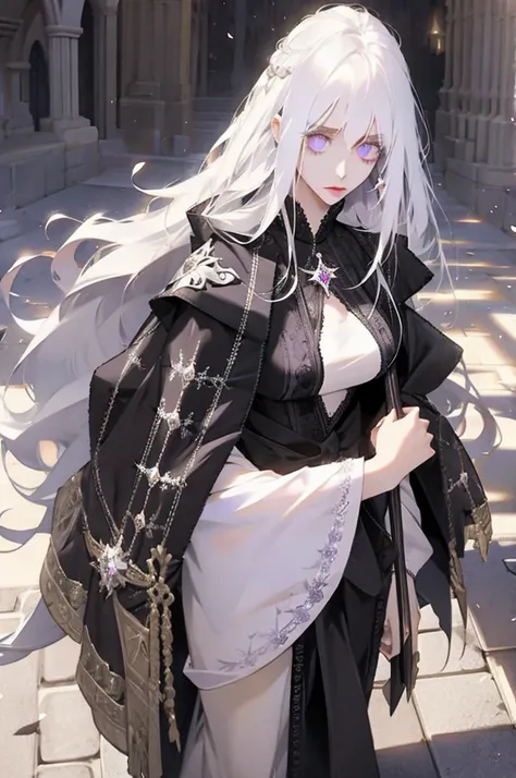  1 Female,long white hair with bangs, amethyst eyes,beautiful,intelligent,,Calm,strategist idealized ,wearing an elegant black dress,Princess,  MEDIEVAL FANTASY , fundo do castelo ,stem, details