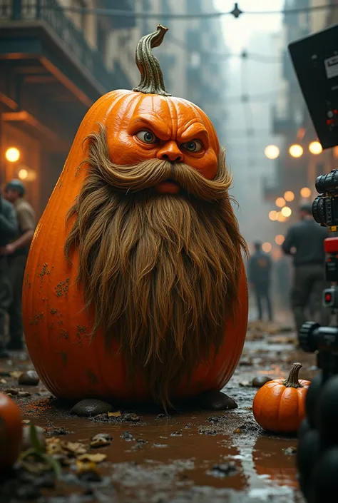 A pumpkin that works in the lighting department of a movie. It's not Halloween. It is big and robust. He has a beard