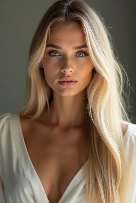 Of course! Here's a version with straight hair :

"A blonde model,  with long, smooth hair that shines under the light ,  that falls perfectly aligned up to waist height . Your light eyes,  ChatGPT
No problem ,  contrasting harmoniously with her symmetrica...