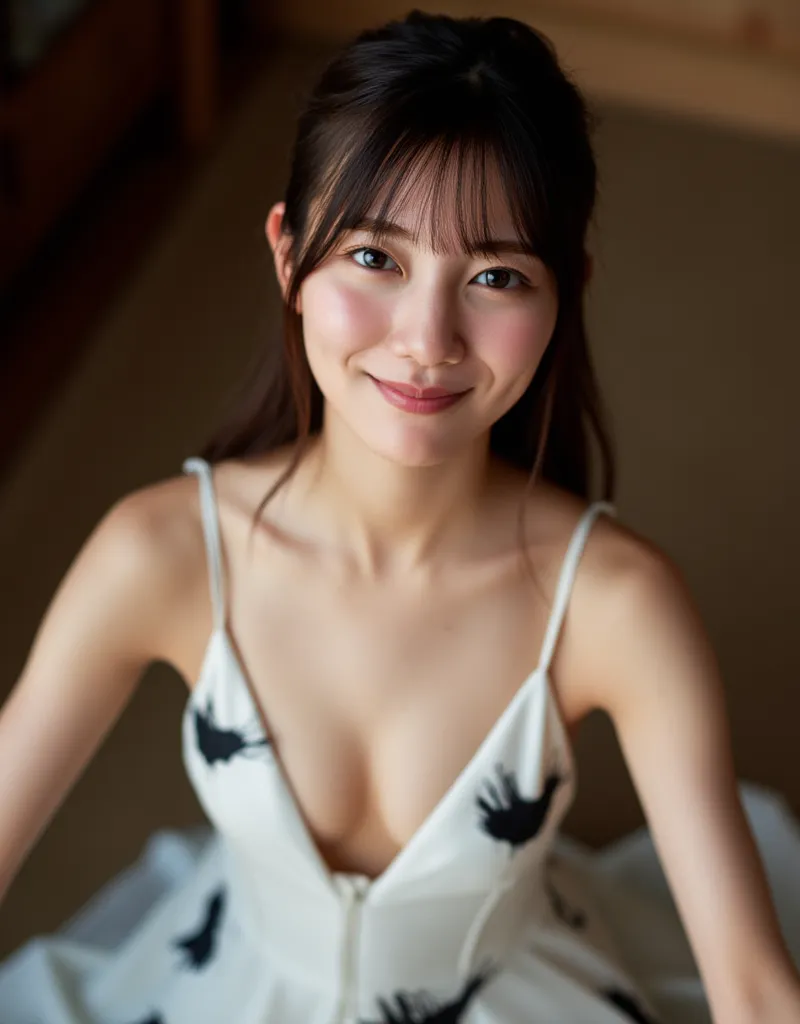 High-angle, The image is a photograph of a young Asian woman named kawata, with a fair complexion and long, straight hair, and bangs. She has a delicate, oval face with soft features, including a small nose, full lips, and large, expressive eyes. Her skin ...