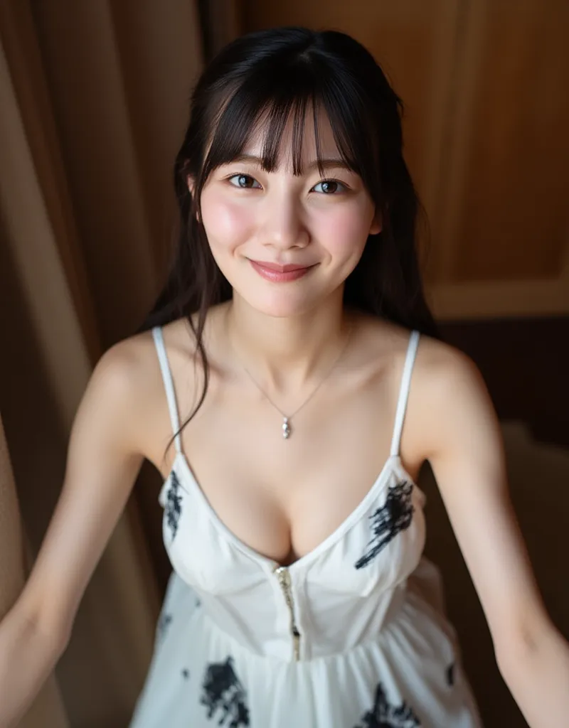 High-angle, The image is a photograph of a young Asian woman named kawata, with a fair complexion and long, straight hair, and bangs. She has a delicate, oval face with soft features, including a small nose, full lips, and large, expressive eyes. Her skin ...