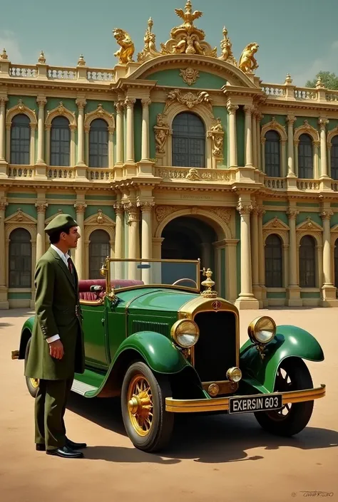  realistic oil painting . A vintage car from the 1600s, green with gold, esta frente a un palacio grande green with gold. There is a driver in an olive green suit next to the car door.