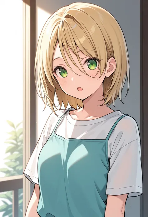 masterpiece, best quality, 
shiratori, 1girl, long hair, solo, blonde hair, hair between eyes, short hair, green eyes, open mouth, happy