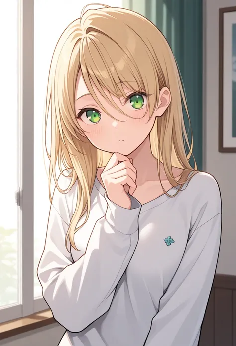 masterpiece, best quality, 
shiratori, 1girl, long hair, solo, blonde hair, hair between eyes, green eyes