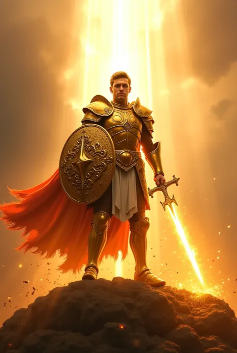  A warrior of light wearing shining golden armor ,  holding a shield with the symbol of faith and a fiery sword.  He is surrounded by dark shadows trying to attack him ,  but a powerful heavenly light envelops and protects him .  The background has an open...