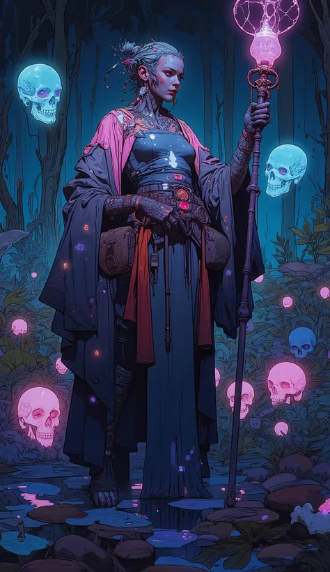 ((Tia Dalma)), cyberpunk voodoo priestess, with glowing cybernetic tattoos, wearing a futuristic robe made of holographic fabric, holding a staff with a glowing orb, surrounded by floating holographic skulls, standing in a neon-lit cyberpunk swamp with bio...