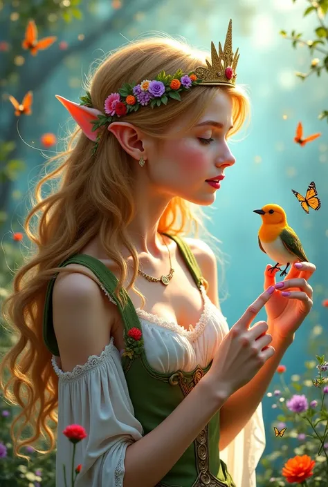 I want a realistic image . fantastical, queen of elves woman.  Colorful flowers in a lush garden in a light azure air.  Colorful tiny butterflies flying through the air .  She has a colorful spring aura and sparkles scattered around . An elf woman .  with ...