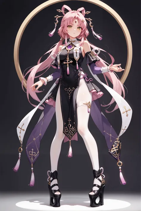 ( stands,whole body:1.7),Fu Xuan, pink hair, yellow eyes, bare shoulders, parted bangs, twin tails, bow-shaped hair, low twintails, serious , ruanyi0847,bodysuit,breast curtains,dress,nun,pantyhose,pelvic curtain HoleHeels,Hole platform/ oval/ Circle Heels...