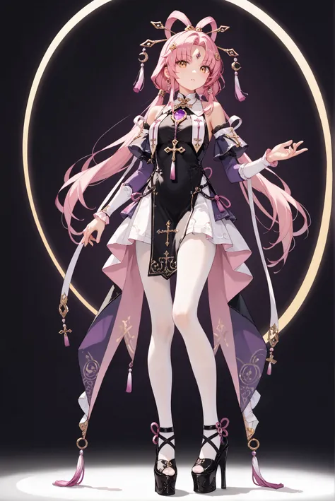 （ stands，whole body:1.7),Fu Xuan, pink hair, yellow eyes, bare shoulders, parted bangs, twin tails, bow-shaped hair, low twintails, serious , ruanyi0847,bodysuit,breast curtains,dress,nun,pantyhose,pelvic curtain HoleHeels，Hole platform/ oval/ Circle Heels...