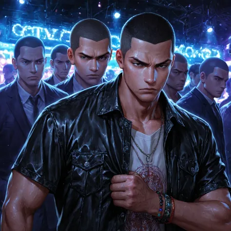 1male, black hair, temp fade, buzz cut, undercut, black eyes, modern outfit, bracelets, serious expression, nightclub, dynamic lighting, anime, masterpiece quality, detailed background, amazing quality, anime quality