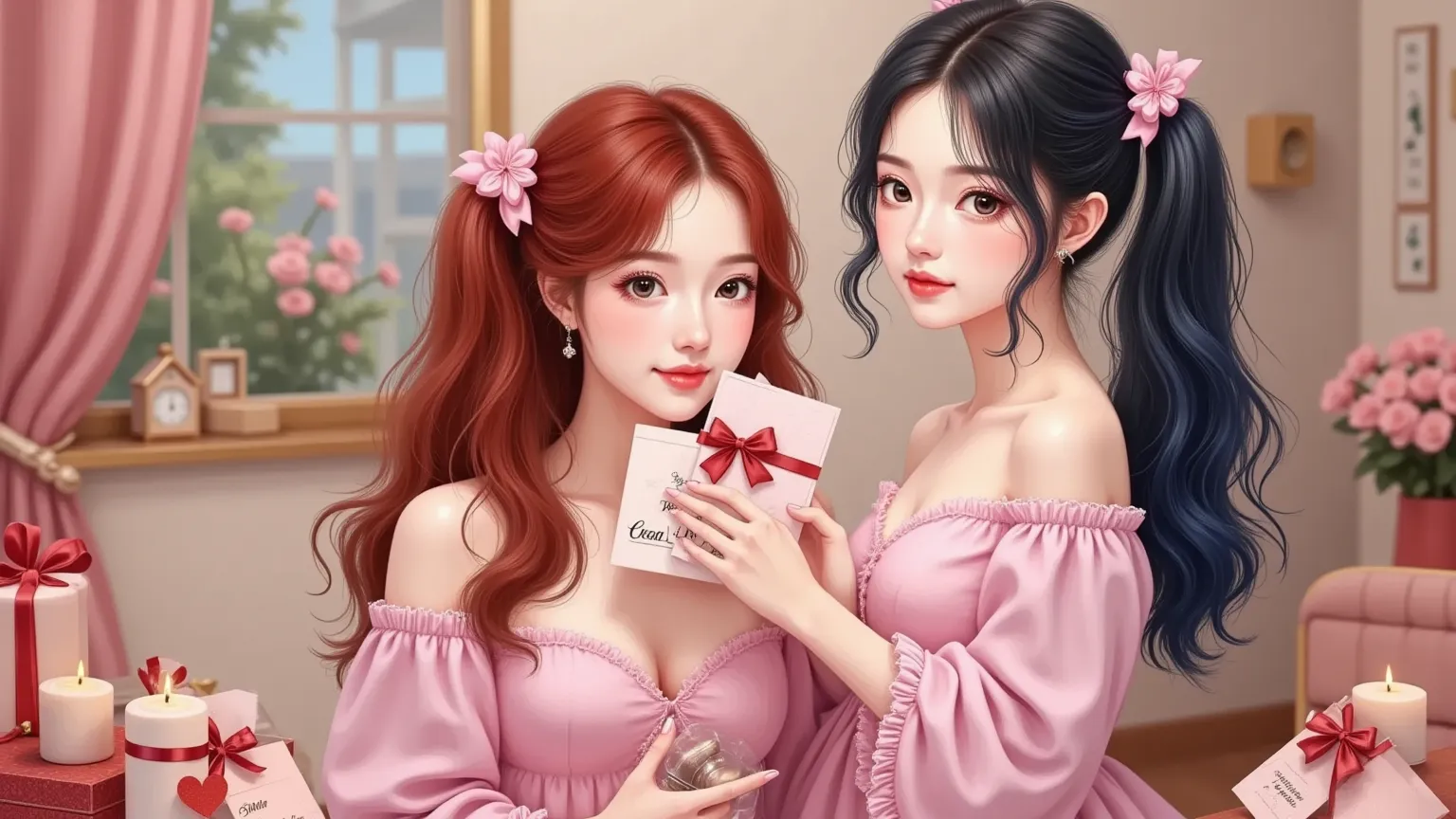 Minimalist style apartment  、 Valentine's Day pictures 、 a girl with red hair with double ponytails and a girl with blue hair with double ponytails（ from the same mother ）Performance、  I have a gift box with heart-shaped chocolates 、[Happy Valentine&#39;s ...