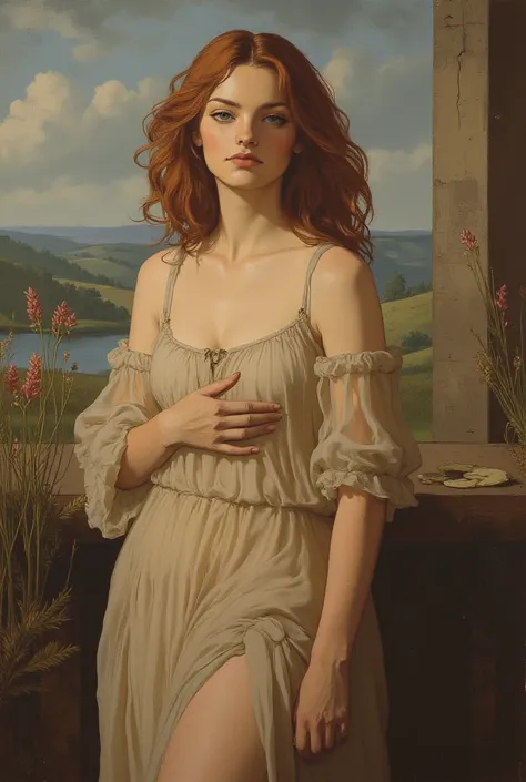 Une peinture dessinée dans le style de Raphaël, une belle femme caucasienne aux seins volumineux vêtue d'une robe transparente.