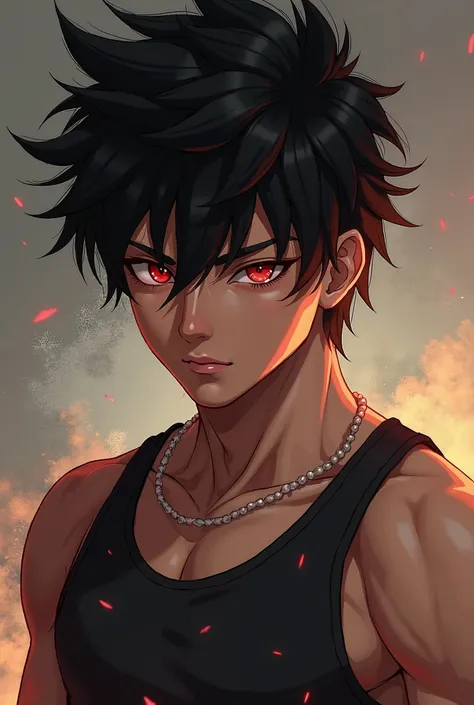 I want you to create a boy with black hair in the shape of long upward tips, very red eyes, with a defined athletic physique, tank top fitted to the body,  full body,  collar around the neck