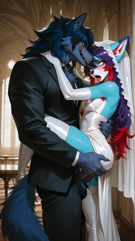 Fancy house, mansion, two couple furry standing, male furry holding female furry, male red eyes、male vampire furry, male short dark blue hair, male furry with muscular body, dark blue black furry male, female has green eyes, purple hair with red hair tips,...