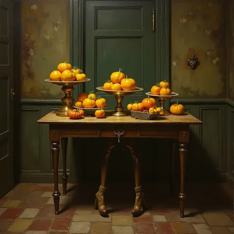 surreal stilleben painting of a mysterious ancient room with a table, the table has humanoid legs, on the table are luxurious bowls with a variety of surreal yellow tomatoes in all shapes and forms, classic art, dreamy, surreal, photorealistic, magical, es...