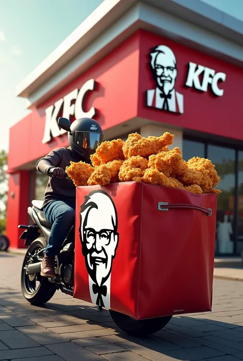 Create a poster of KFC rastaurant with delivery bag and delivery motorcycle 