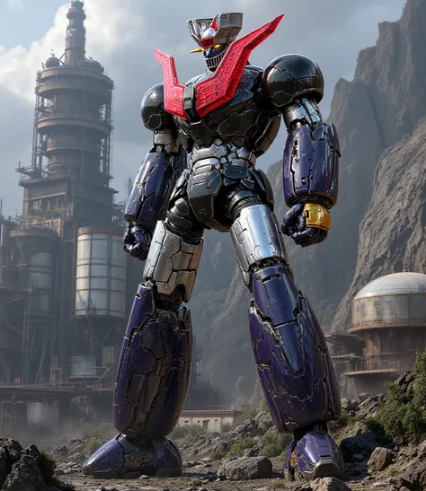  a very realistic version of Mazinger Z like the god of steel,  is in a battle pose while leaning forward at a height of 100 meters　Nuclear reactor equipment, cutting-edge science, giant plant 　 under construction and being converted into a Great Mazinger ...