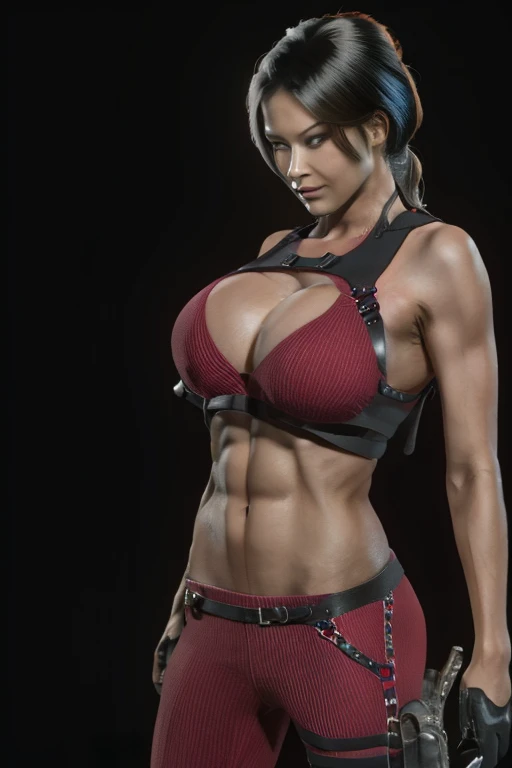 masterpiece, best quality, 1 girl, sonyablade with face asian like pornstars nuked sexy, blonde hair, ponytail, blue eyes, vest, abs, boots, hot bikini, breasts large chest, cleavage, dog tags, fingerless gloves, midriff, navel, pants, solo, background bla...