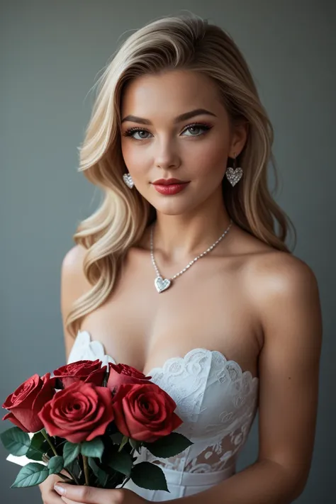 blond girl with red roses Valentine's day. Ultra realistic