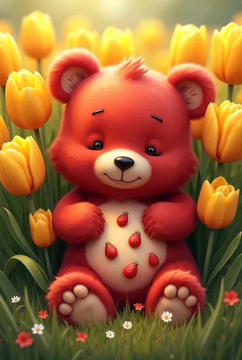 draw a red bear ,  with white strawberries painted on the divot,  and a bear is lying among yellow tulips 