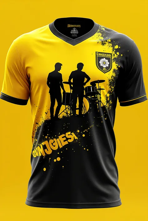 Create a 3d image of a shirt similar to a soccer shirt in yellow and black colors images referring to the Brazilian rock band engineers from Hawaii which has 3 members using guitar instruments, bass 4 strings and drums the main symbol gears