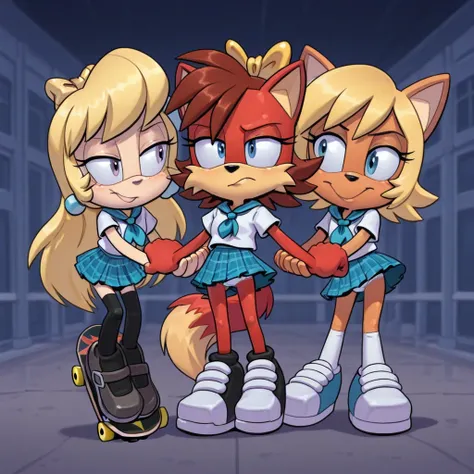 Fiona The Fox, a young girl with long blond hair playing with a skateboard in an animated image, panties, underwear, multiple girls, pantyshot, skirt, hair bobbles, hair ornament, school uniform